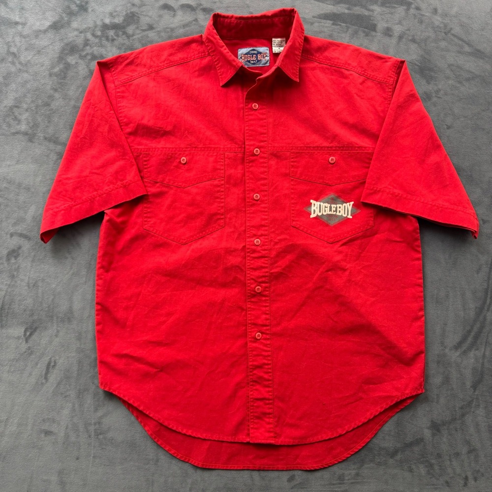 Vintage Bugle Boy Red Short Sleeve Button Down Shirt Mens Medium‎ Graphic Logo